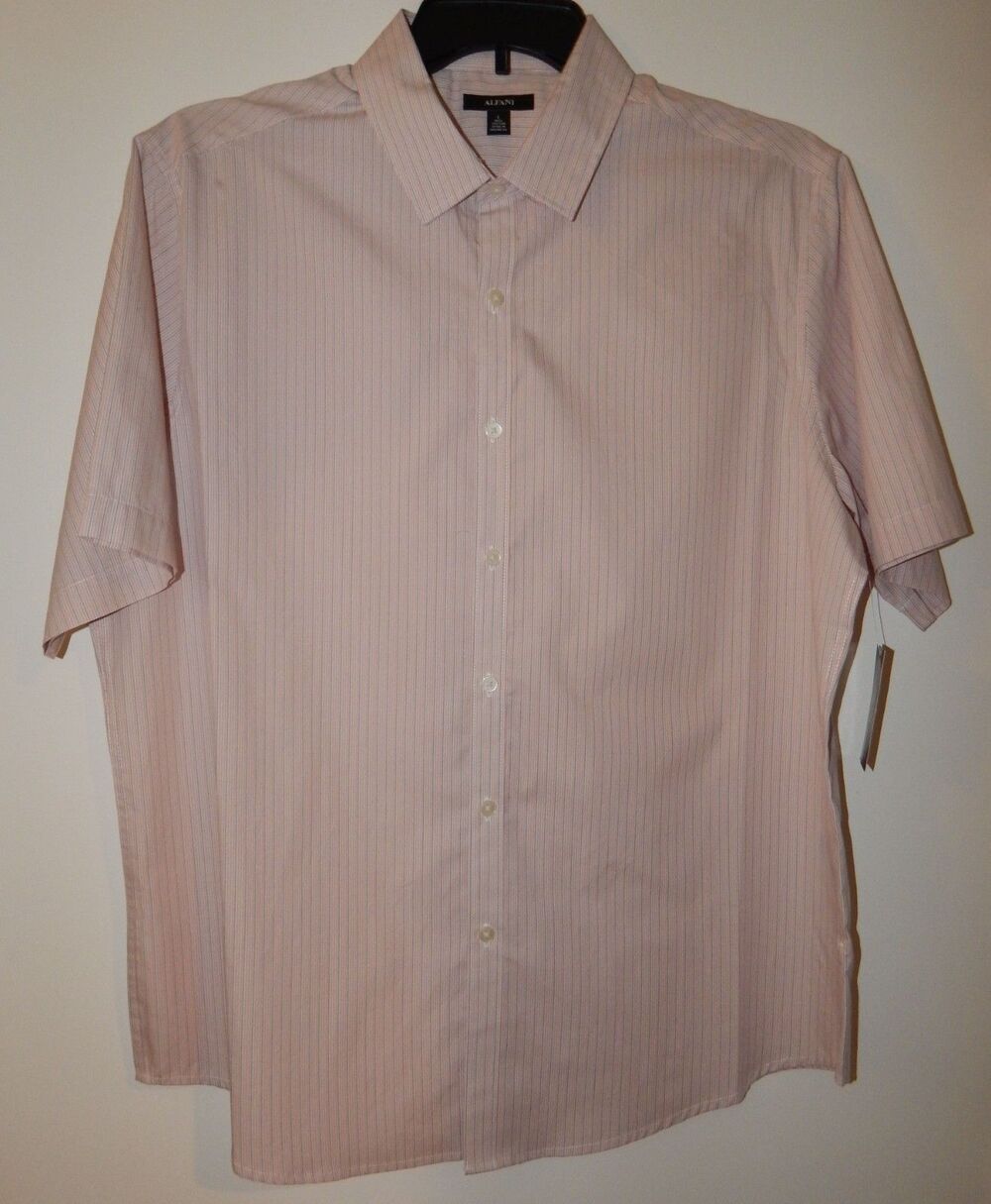 Men's Alfani LARGE Salmon Color w/ Stripe S/S Button Up Dress Shirt NWT Orig 65.